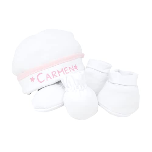 Set de 3 piezas para recién nacido – Gorrito bicolor personalizado con el nombre del bebé, manoplas y patucos. (Blanco/Rosa)