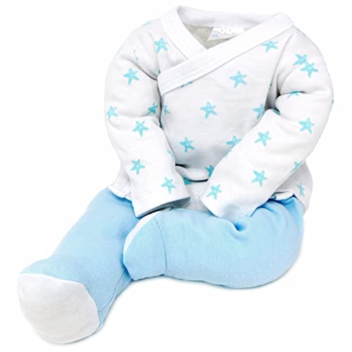 Set primera puesta de recién nacido Estrellas de 5 piezas – Pijama de 2 piezas Estampado de estrellas, Gorrito y Babero Personalizados con el nombre del bebé y Manoplas para recién nacido. (Celeste)