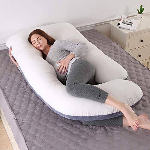 SHANNA Almohada embarazada dormir, Almohada lactancia de cuerpo completo, actualización grande en forma de U y soporte de maternidad con funda de terciopelo reemplazable (Gris y Blanco -Terciopelo)