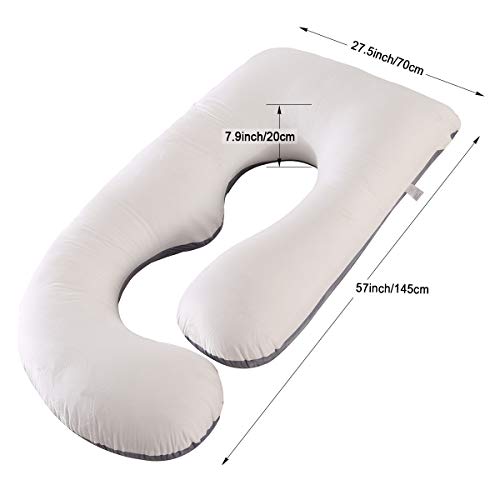 SHANNA Almohada embarazada dormir, Almohada lactancia de cuerpo completo, actualización grande en forma de U y soporte de maternidad con funda de terciopelo reemplazable (Gris y Blanco -Terciopelo)