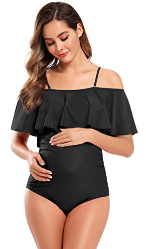 SHEKINI Mujer Embarazadas Traje de Baño Elegente Ajustable Acolchada Traje de Baño de Una Pieza Ruched Talla Grande Vestido de Premama Ropa de Playa(M, Negro)