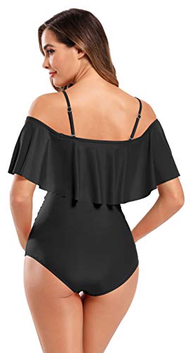 SHEKINI Mujer Embarazadas Traje de Baño Elegente Ajustable Acolchada Traje de Baño de Una Pieza Ruched Talla Grande Vestido de Premama Ropa de Playa(M, Negro)