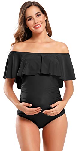 SHEKINI Mujer Embarazadas Traje de Baño Elegente Ajustable Acolchada Traje de Baño de Una Pieza Ruched Talla Grande Vestido de Premama Ropa de Playa(M, Negro)