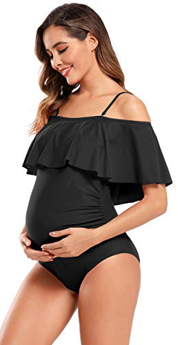 SHEKINI Mujer Embarazadas Traje de Baño Elegente Ajustable Acolchada Traje de Baño de Una Pieza Ruched Talla Grande Vestido de Premama Ropa de Playa(M, Negro)