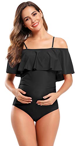 SHEKINI Mujer Embarazadas Traje de Baño Elegente Ajustable Acolchada Traje de Baño de Una Pieza Ruched Talla Grande Vestido de Premama Ropa de Playa(M, Negro)