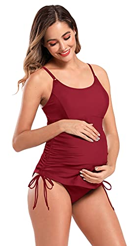 SHEKINI Tankini de Dos Piezas Traje de Baño Mujer Maternidad Premamá Elegante Bikini Ajustable Halter Ruched Talla Grande Bikini de Playa para Mujer(3XL,Vin Rouge T)