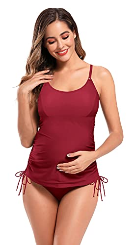 SHEKINI Tankini de Dos Piezas Traje de Baño Mujer Maternidad Premamá Elegante Bikini Ajustable Halter Ruched Talla Grande Bikini de Playa para Mujer(3XL,Vin Rouge T)