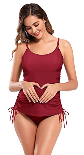 SHEKINI Tankini de Dos Piezas Traje de Baño Mujer Maternidad Premamá Elegante Bikini Ajustable Halter Ruched Talla Grande Bikini de Playa para Mujer(3XL,Vin Rouge T)