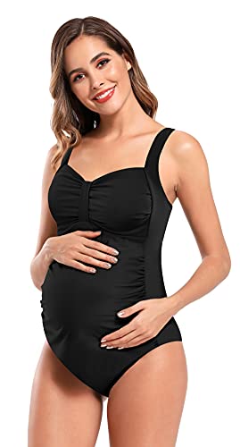 SHEKINI Traje de Baño para Mujeres Embarazadas Bowknot Bandeau Swimwear Gathering Monokini Embarazadas Traje de baño de Maternidad Tallas Grandes M-3XL (Negro, M)