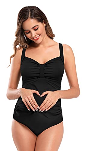 SHEKINI Traje de Baño para Mujeres Embarazadas Bowknot Bandeau Swimwear Gathering Monokini Embarazadas Traje de baño de Maternidad Tallas Grandes M-3XL (Negro, M)