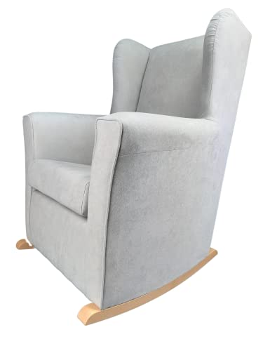 Sillon de lactancia con balancin (Alba), orejero tapizado tela Antimanchas, Mecedora para Salón o Habitación de Bebe. (Gris, Balancín Natural)