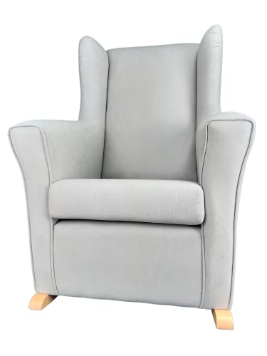 Sillon de lactancia con balancin (Alba), orejero tapizado tela Antimanchas, Mecedora para Salón o Habitación de Bebe. (Gris, Balancín Natural)