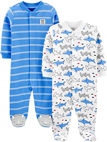 Simple Joys by Carter's 2-Pack Cotton Snap Footed Sleep and Play Pijamas para bebés y niños pequeños, Azul, Tiburón, 3-6 Meses, Pack de 2