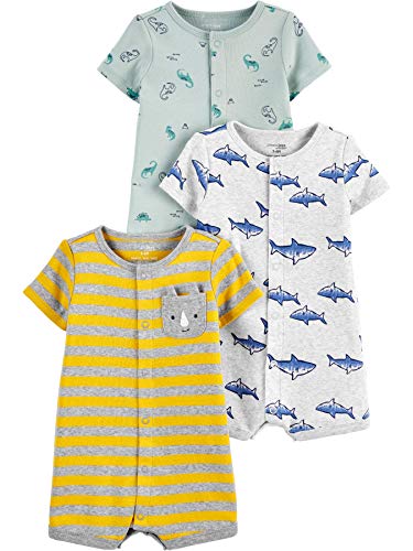 Simple Joys by Carter's 3-Pack Snap-up Rompers Mamelucos, Dinosaurio/Rinoceronte/Tiburón, 6-9 Meses, Pack de 3