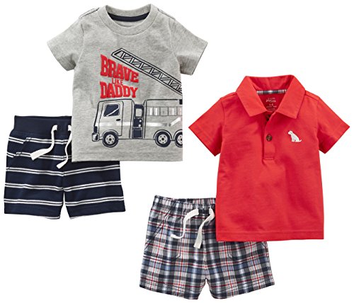 Simple Joys by Carter's - Juego de ropa de juego para niños (4 piezas) ,Red Plaid/Fire Truck/Blue Stripe ,18 Months