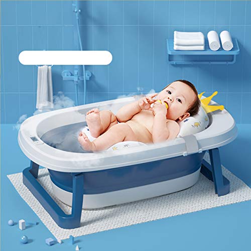 Sinbide Bañera Plegable para Bebé Recién Nacido con Soporte del Asiento Bañera de Niños con Temperatura Inteligente Cojín Cómodo Portátil Lavabo para Bebes Alfombrilla Antideslizante (Azul)