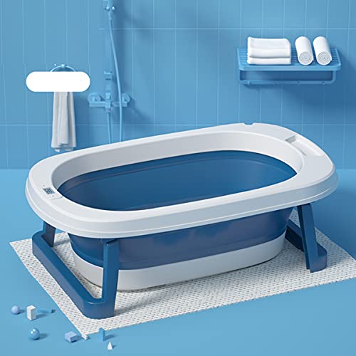 Sinbide Bañera Plegable para Bebé Recién Nacido con Soporte del Asiento Bañera de Niños con Temperatura Inteligente Cojín Cómodo Portátil Lavabo para Bebes Alfombrilla Antideslizante (Azul)