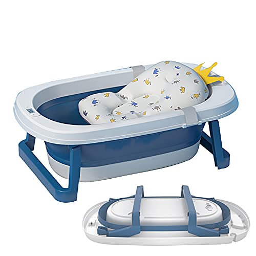 Sinbide Bañera Plegable para Bebé Recién Nacido con Soporte del Asiento Bañera de Niños con Temperatura Inteligente Cojín Cómodo Portátil Lavabo para Bebes Alfombrilla Antideslizante (Azul)