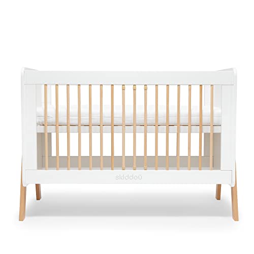 skiddoü cuna de madera para niños Krubb altura ajustable, para colchones de 120x60 cm, barandilla de seguridad, barrotes extraíbles, madera maciza de haya, haya, de 0 a 4 años, blanco