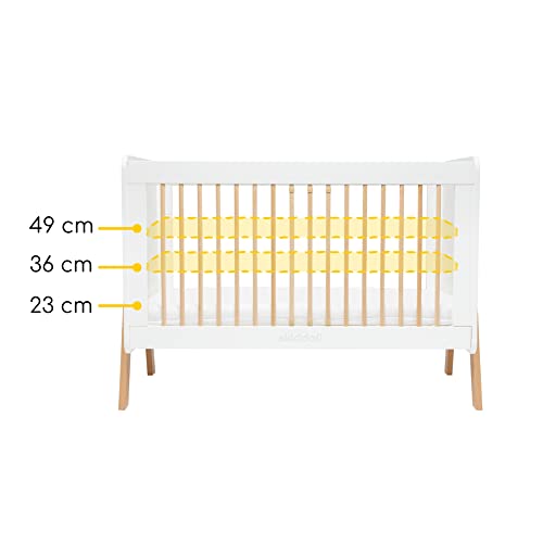 skiddoü cuna de madera para niños Krubb altura ajustable, para colchones de 120x60 cm, barandilla de seguridad, barrotes extraíbles, madera maciza de haya, haya, de 0 a 4 años, blanco