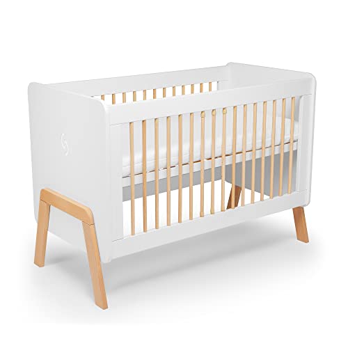 skiddoü cuna de madera para niños Krubb altura ajustable, para colchones de 120x60 cm, barandilla de seguridad, barrotes extraíbles, madera maciza de haya, haya, de 0 a 4 años, blanco