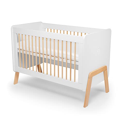 skiddoü cuna de madera para niños Krubb altura ajustable, para colchones de 120x60 cm, barandilla de seguridad, barrotes extraíbles, madera maciza de haya, haya, de 0 a 4 años, blanco