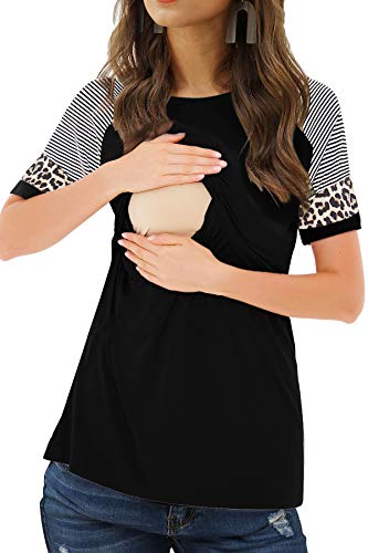 Smallshow Camiseta Lactancia Verano Manga Corta Maternidad Ropa Embarazada Top,Black,L