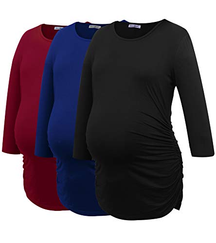 Smallshow Tops Maternidad para Mujeres con 3/4 de la Manga Fruncidos Ropa Embarazada Pack de 3,Black/Navy/Wine,L