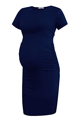 Smallshow Vestido de Maternidad de Manga Corta para Mujeres Ropa Fruncida para Embarazadas,Navy,M