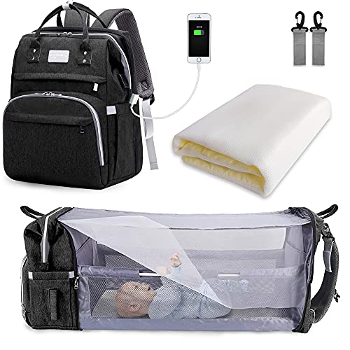 SNDMOR-Mochila para pañales de bebé de gran capacidad, para cuna de viaje, plegable, organizador de mochila para pañales de cuna multifuncional con cambiador de pañales（color negro）