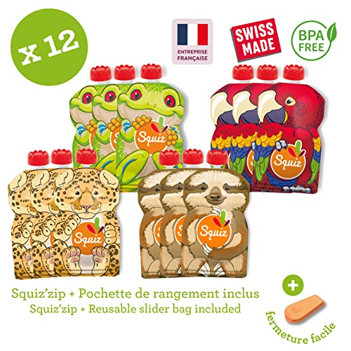 SQUIZ - EMPRESA FRANCESA - Pack de 12 bolsas recargables y reutilizables de 130 ml sin BPA - Para compotas, purés y smoothies - Para bebés, niños y adultos - Colección AMAZONIA - FABRICACIÓN SUIZA