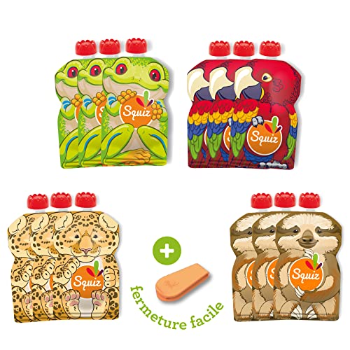 SQUIZ - EMPRESA FRANCESA - Pack de 12 bolsas recargables y reutilizables de 130 ml sin BPA - Para compotas, purés y smoothies - Para bebés, niños y adultos - Colección AMAZONIA - FABRICACIÓN SUIZA