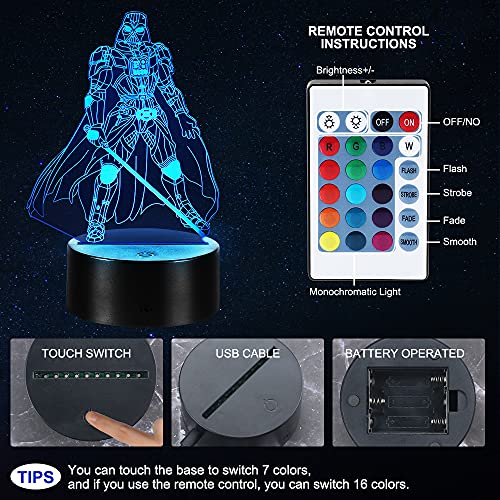 Star Wars 3D Luz Nocturna,16 Colores Cambian Lámpara de Ilusión Con Mando a Distancia para Chico Niños Regalos