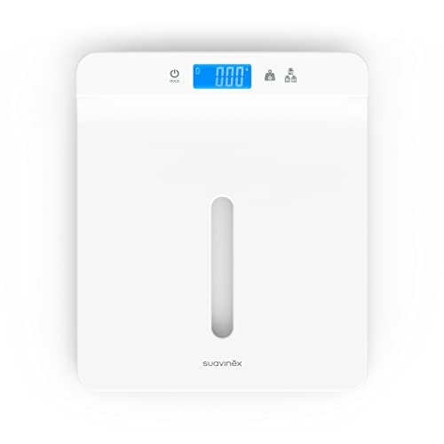 Suavinex, Báscula Digital para Bebé y Adulto de gran precisión. Báscula Smart con Bluetooth, para usar desde el nacimiento hasta la edad adulta, de 1 kg a 100 kg. Con bandeja de medición desmontable