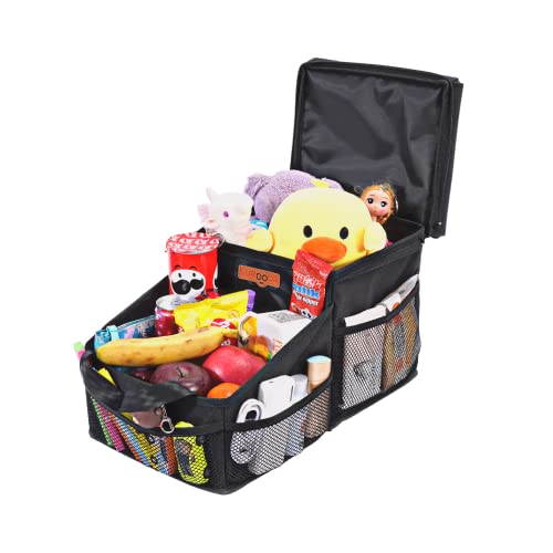 SURDOCA Organizador de asiento de automóvil para asiento delantero o trasero, accesorios de almacenamiento de viaje para niños, organizador de asiento trasero con bandeja para juguetes, negro