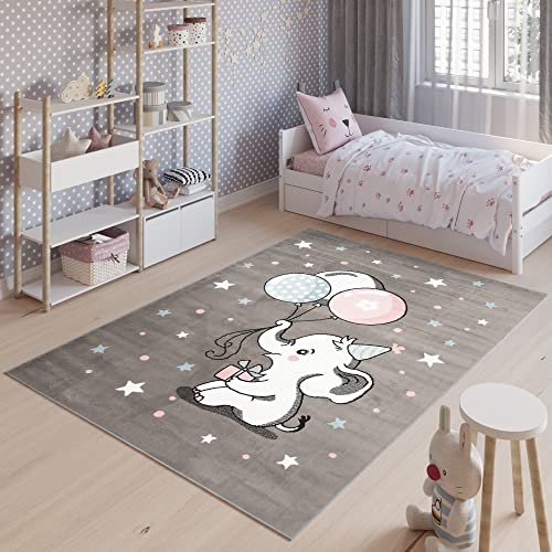 TAPISO Baby Alfombra Habitación Infantil Bebe Juvenil Moderna Gris Blanco Azul Rosa Elefante Suave Fina 80 x 150 cm