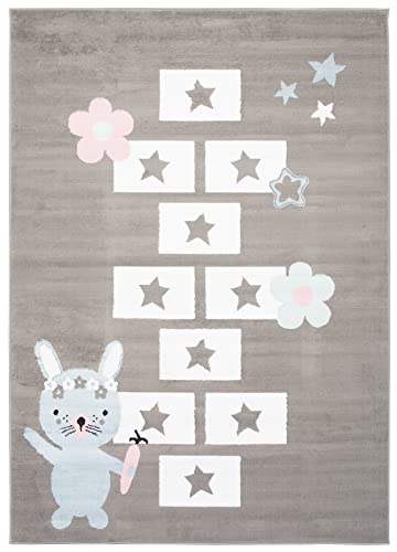 TAPISO Baby Alfombra Habitación Infantil Bebe Juvenil Moderna Gris Blanco Rayuela Suave Fina 80 x 150 cm