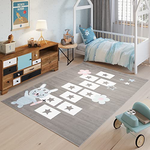 TAPISO Baby Alfombra Habitación Infantil Bebe Juvenil Moderna Gris Blanco Rayuela Suave Fina 80 x 150 cm