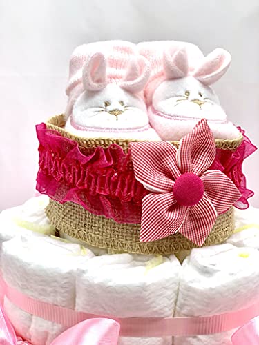 Tarta de pañales DODOT 2 pisos niña - Tarta Bailarina con diadema y patucos - Regalo original para recién nacido con DEDICATORIA incluida - Tarta pañal niña