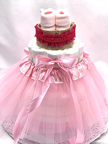 Tarta de pañales DODOT 2 pisos niña - Tarta Bailarina con diadema y patucos - Regalo original para recién nacido con DEDICATORIA incluida - Tarta pañal niña