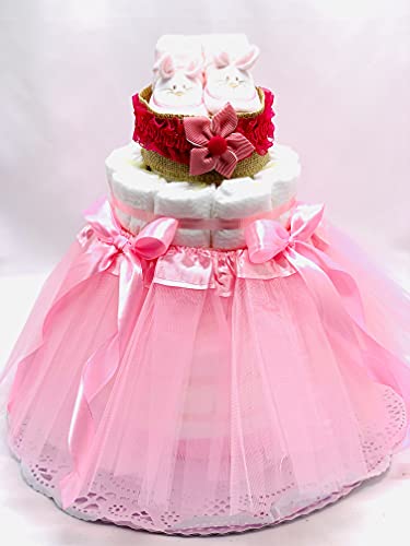 Tarta de pañales DODOT 2 pisos niña - Tarta Bailarina con diadema y patucos - Regalo original para recién nacido con DEDICATORIA incluida - Tarta pañal niña