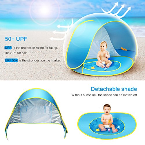 Tienda Playa Bebe, CeeKii Tienda de Playa para Bebés con Pequeña Piscina Automática Plegable Protección Solar Anti UV 50+ Ventilación Pop-up Tienda 120 x 80 x 70 cm (Azul)