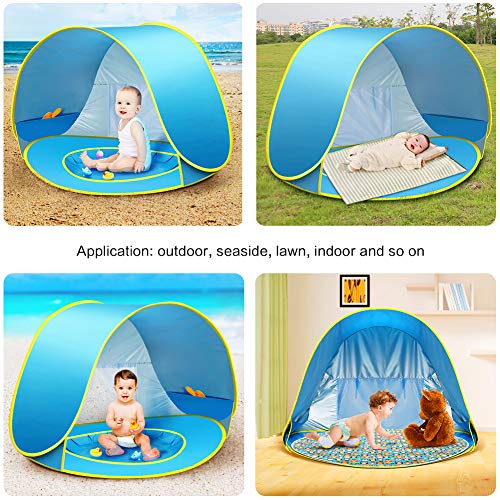 Tienda Playa Bebe, CeeKii Tienda de Playa para Bebés con Pequeña Piscina Automática Plegable Protección Solar Anti UV 50+ Ventilación Pop-up Tienda 120 x 80 x 70 cm (Azul)