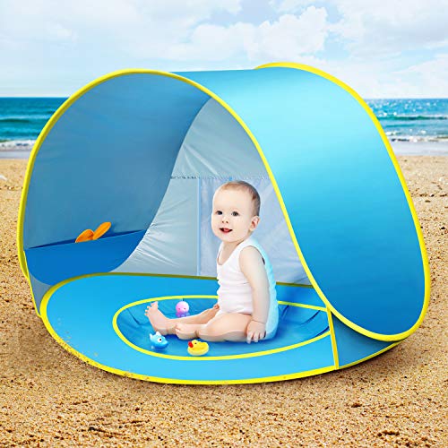 Tienda Playa Bebe, CeeKii Tienda de Playa para Bebés con Pequeña Piscina Automática Plegable Protección Solar Anti UV 50+ Ventilación Pop-up Tienda 120 x 80 x 70 cm (Azul)