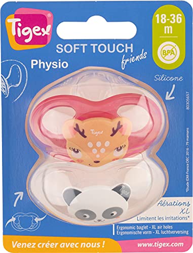 Tigex Soft Touch Friends chupetes | 18-36 meses | Chupetes de Silicona con Ventilación Extra | Ciervo y Panda | 2 unidades