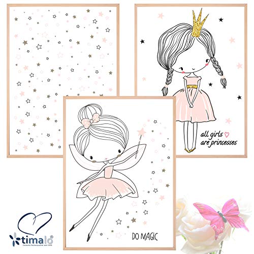 timalo® Juego de 3 imágenes para habitación de niños - Juego de imágenes de princesa, estrellas y hada en color rosa pastel P-3er-set-004 Talla:A4 (21x29cm)