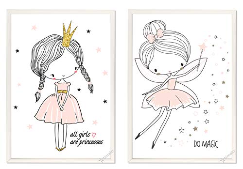 timalo® Juego de 3 imágenes para habitación de niños - Juego de imágenes de princesa, estrellas y hada en color rosa pastel P-3er-set-004 Talla:A4 (21x29cm)