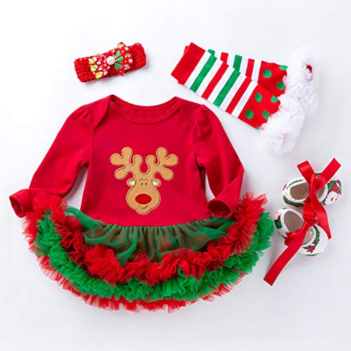 TMOYJPX Navidad Disfraz Niña Vestido Niño 0-24 Meses Princesa Invierno, 'My 1st Christmas' Conjunto Ropa Bebe Niña, Mono de Falda + Banda + Calcetines (H, 6-12 meses)