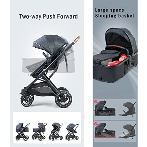 TRB PU Cochecito Silla de Paseo 25 Kg, Coche Bebe Plegable Carros para Bebes, Cochecito Bebe Plegable Ligero Regulables Bassinet Reversible Recién Nacido con Mosquitero Neto (Color : Black 2 in 1)