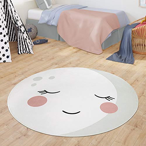 TT Home Alfombra Infantil Redonda Bebé para Niños Niñas Diseño Luna Moderno, Color:Crema, Tamaño:Ø 120 cm Redondo